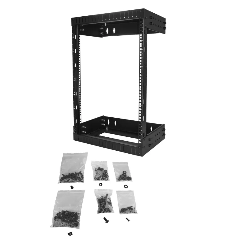 StarTech.com rack de red de pared 15U 19 inch – profundidad ajustable 12–20 inch rack de servidor open frame de 2 postes para comunicación AV/datos/IT/informática/switch con tuercas enjauladas y tornillos