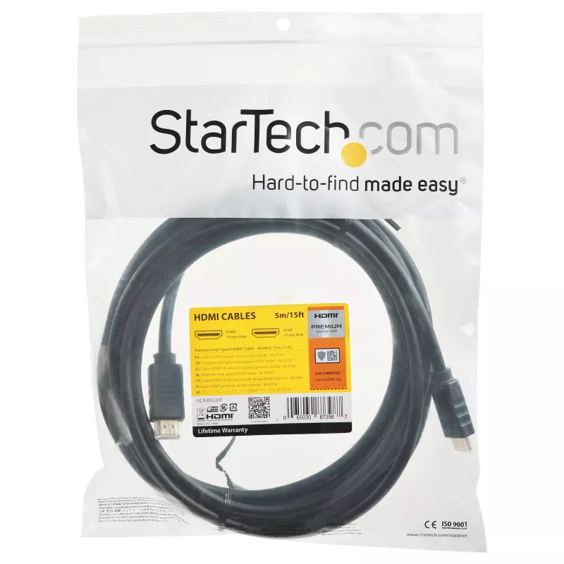 StarTech.com cable HDMI 2.0 Premium certificado de 4,6 m (15 pies) con Ethernet – cable HDMI High Speed Ultra HD 4K 60Hz HDR10 – cable HDMI largo (macho/macho) – para monitores UHD, televisores, pantallas