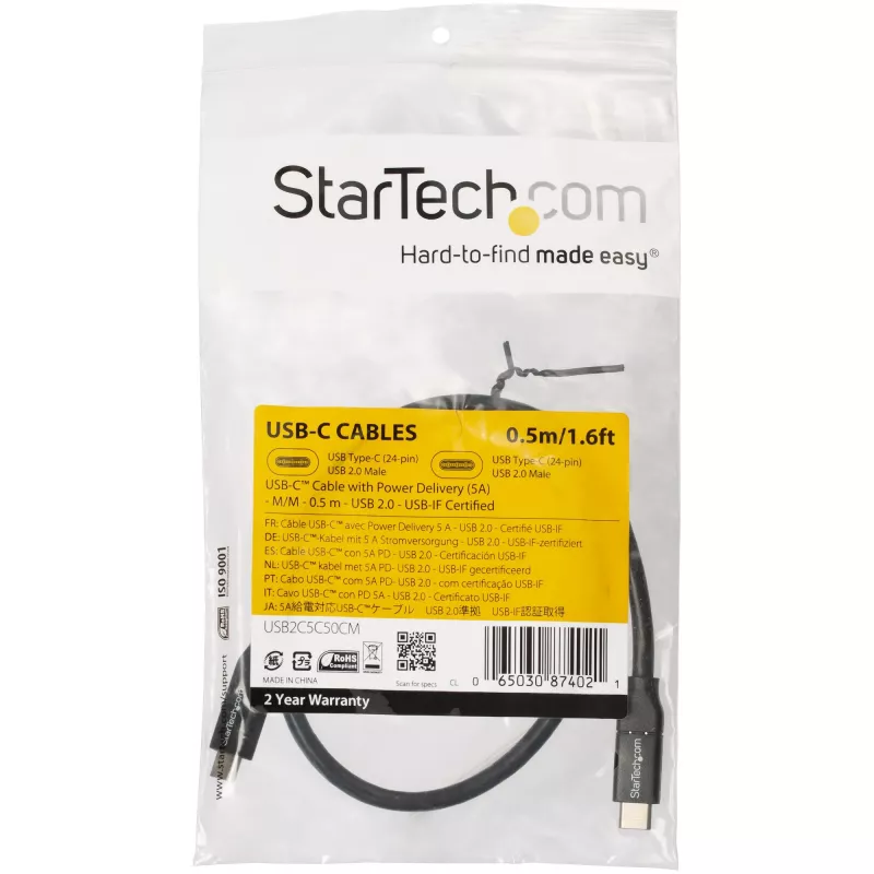 StarTech.com cable USB-C a USB-C con 5A PD - M/M - 0,5 m - USB 2.0 - certificado USB-IF