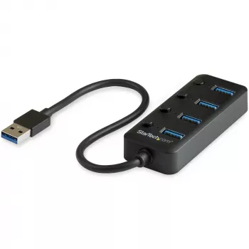StarTech.com Hub USB 3.0 de 4 puertos – USB-A a 4x USB 3.0 Tipo A con interruptores individuales de encendido/apagado por puerto – SuperSpeed 5 Gbit/s USB 3.1/3.2 Gen 1 – alimentado por bus USB – portátil – cable fijo de 25 cm~Hub USB 3.0 de 4 puertos – USB-A a 4x USB 3.0 Tipo A con interruptores individuales de encendido/apagado por puerto – SuperSpeed USB 3.2 Gen 1 (5 Gbit/s) – alimentado por
