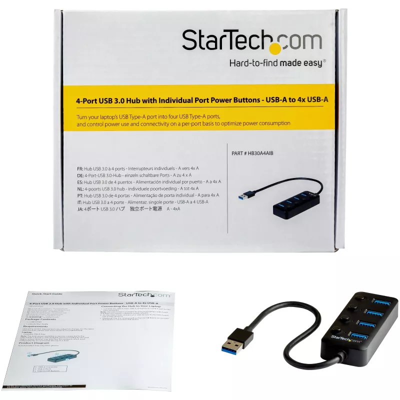 StarTech.com Hub USB 3.0 de 4 puertos – USB-A a 4x USB 3.0 Tipo A con interruptores individuales de encendido/apagado por puerto – SuperSpeed 5 Gbit/s USB 3.1/3.2 Gen 1 – alimentado por bus USB – portátil – cable fijo de 25 cm~Hub USB 3.0 de 4 puertos – USB-A a 4x USB 3.0 Tipo A con interruptores individuales de encendido/apagado por puerto – SuperSpeed USB 3.2 Gen 1 (5 Gbit/s) – alimentado por