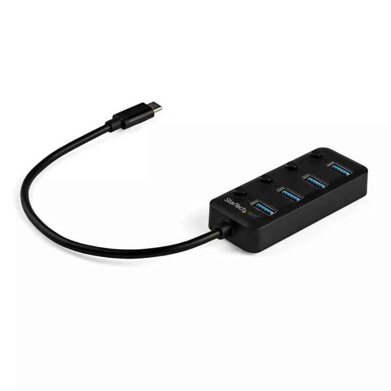 StarTech.com hub USB-C de 4 puertos – USB-C a 4x puertos USB 3.0 Type-A con interruptores de encendido/apagado individuales – SuperSpeed 5 Gbit/s USB 3.1/3.2 Gen 1 – alimentado por bus USB – portátil – cable fijo de 25 cm