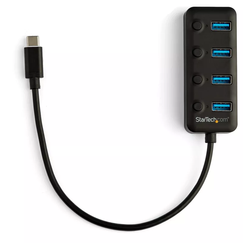 StarTech.com hub USB-C de 4 puertos – USB-C a 4x puertos USB 3.0 Type-A con interruptores de encendido/apagado individuales – SuperSpeed 5 Gbit/s USB 3.1/3.2 Gen 1 – alimentado por bus USB – portátil – cable fijo de 25 cm