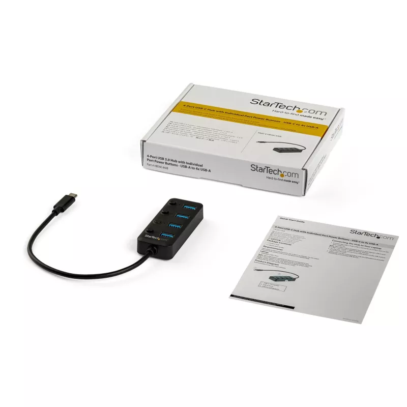 StarTech.com hub USB-C de 4 puertos – USB-C a 4x puertos USB 3.0 Type-A con interruptores de encendido/apagado individuales – SuperSpeed 5 Gbit/s USB 3.1/3.2 Gen 1 – alimentado por bus USB – portátil – cable fijo de 25 cm