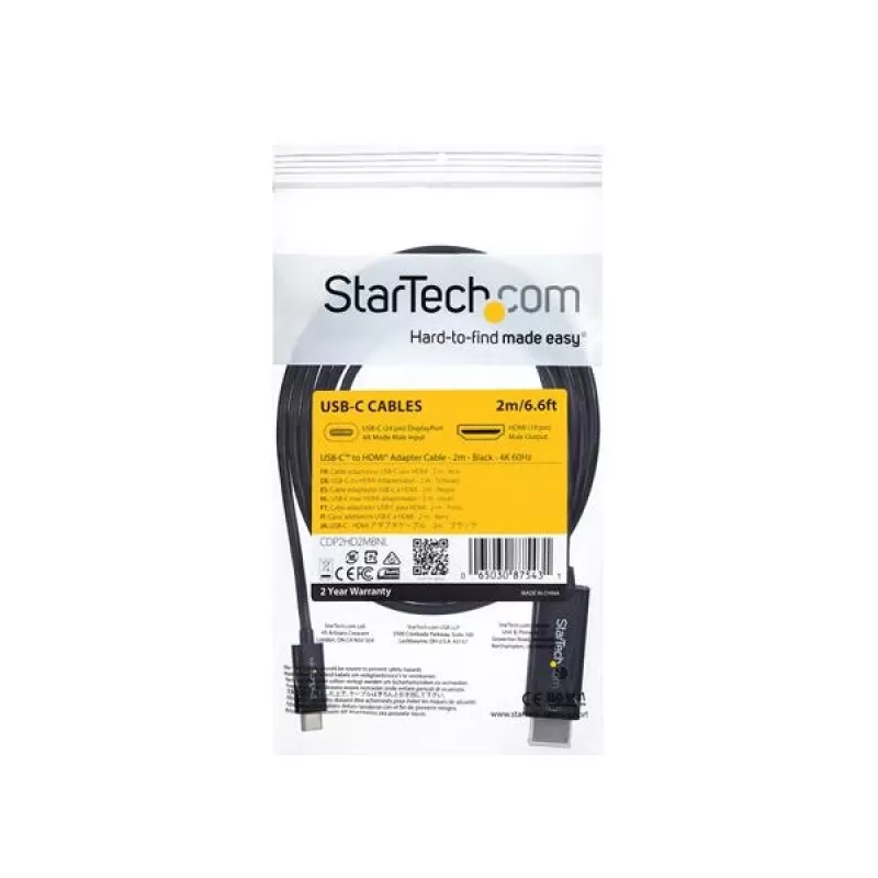 StarTech.com Cable USB-C a HDMI de 1,8 m (6 ft.) – Cable adaptador de vídeo USB Type-C a HDMI 2.0 4K 60 Hz – Compatible con Thunderbolt 3 – Portátil a monitor/pantalla HDMI – DP 1.2 Alt Mode HBR2 – Negro