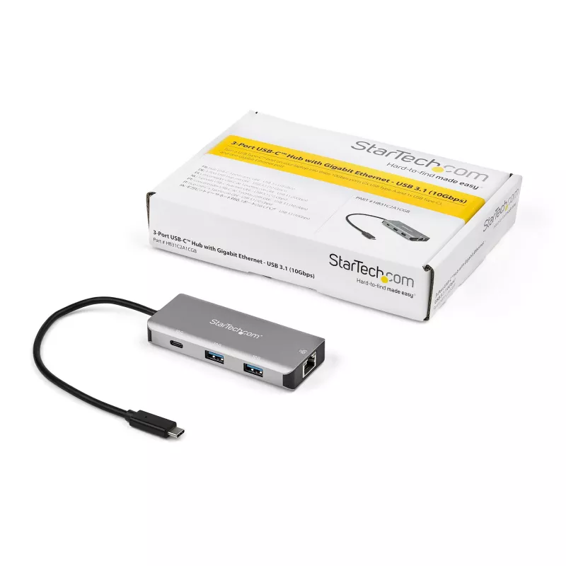 StarTech.com Hub USB-C de 3 puertos con puerto Gigabit Ethernet RJ45 GbE – 2x USB-A, 1x USB-C – SuperSpeed 10Gbps USB 3.1/3.2 Gen 2 adaptador hub Tipo C – alimentado por bus USB – aluminio – compatible con TB3~Hub USB-C de 3 puertos con puerto Gigabit Ethernet RJ45 GbE – 2x USB-A, 1x USB-C – SuperSpeed 10Gbps USB 3.2 Gen 2 adaptador hub Tipo C – alimentado por bus USB – aluminio – compatible con