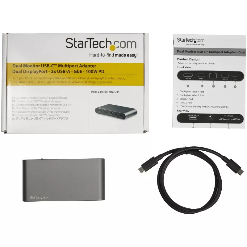 StarTech.com Dock USB-C – DisplayPort dual para monitor 4K – Estación de acoplamiento mini para portátil – Power Delivery 100 W passthrough – GbE, hub USB-A de 2 puertos – Adaptador multipuerto USB Type-C – Cable de 1 m