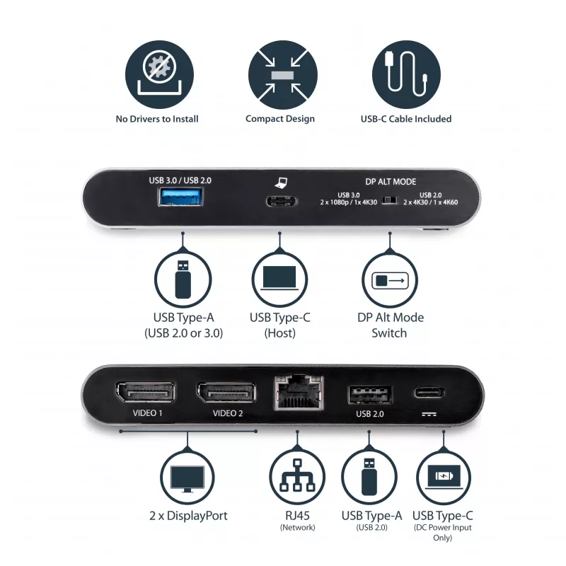 StarTech.com Dock USB-C – DisplayPort dual para monitor 4K – Estación de acoplamiento mini para portátil – Power Delivery 100 W passthrough – GbE, hub USB-A de 2 puertos – Adaptador multipuerto USB Type-C – Cable de 1 m