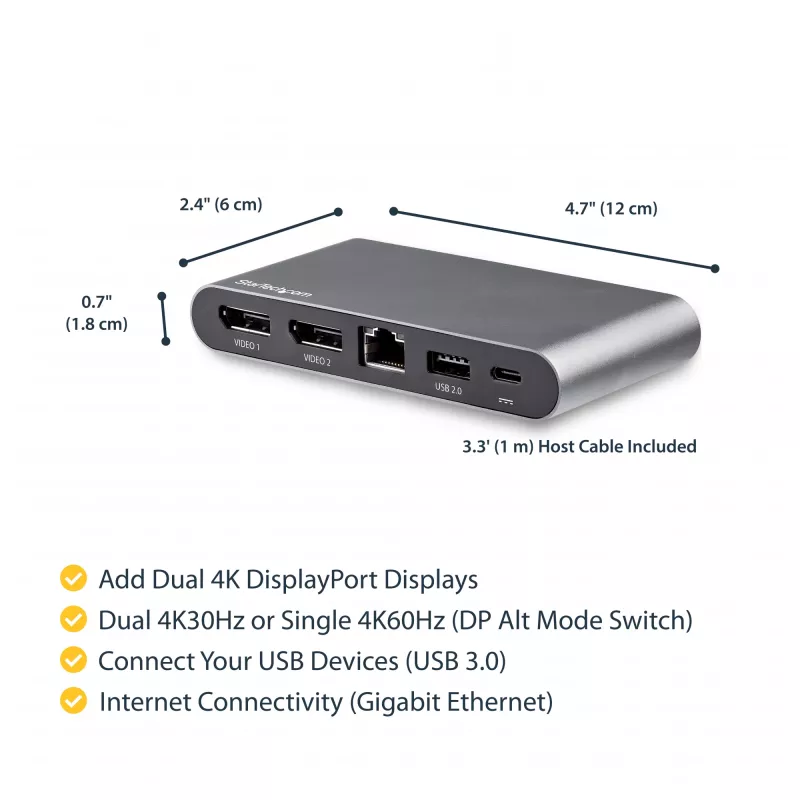 StarTech.com Dock USB-C – DisplayPort dual para monitor 4K – Estación de acoplamiento mini para portátil – Power Delivery 100 W passthrough – GbE, hub USB-A de 2 puertos – Adaptador multipuerto USB Type-C – Cable de 1 m
