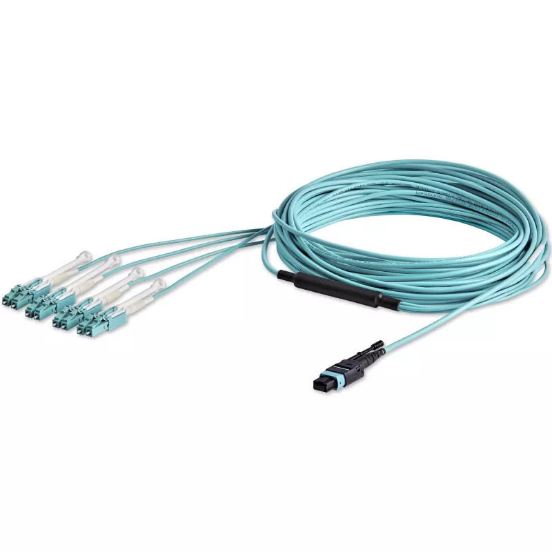 StarTech.com Cable de fibra óptica multimodo OM3 MTP(F)/PC a 4x LC/PC Duplex Breakout de 10m (30ft), OFNP Plenum, redes 40G, baja pérdida de inserción - Cable jumper de fibra óptica
