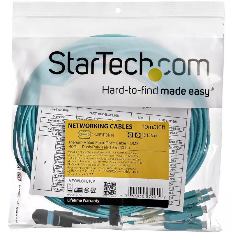StarTech.com Cable de fibra óptica multimodo OM3 MTP(F)/PC a 4x LC/PC Duplex Breakout de 10m (30ft), OFNP Plenum, redes 40G, baja pérdida de inserción - Cable jumper de fibra óptica