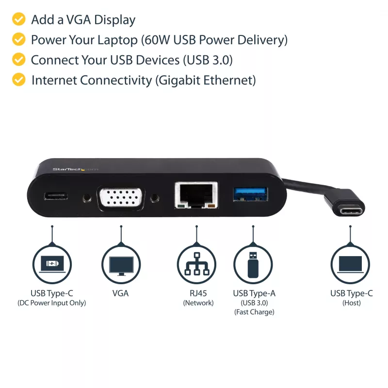 StarTech.com Adaptador multipuerto USB-C – Mini dock USB-C con vídeo VGA 1080p para un monitor – Power Delivery 60 W passthrough – USB 3.1 Gen 1 Type-A 5 Gbit/s, Gigabit Ethernet – Estación de acoplamiento