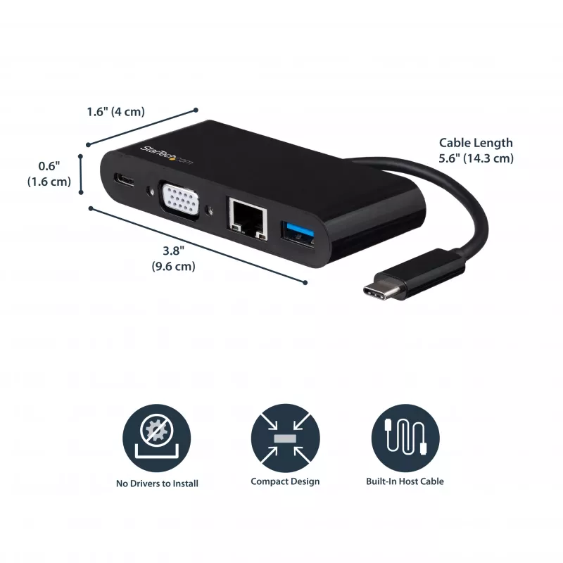 StarTech.com Adaptador multipuerto USB-C – Mini dock USB-C con vídeo VGA 1080p para un monitor – Power Delivery 60 W passthrough – USB 3.1 Gen 1 Type-A 5 Gbit/s, Gigabit Ethernet – Estación de acoplamiento