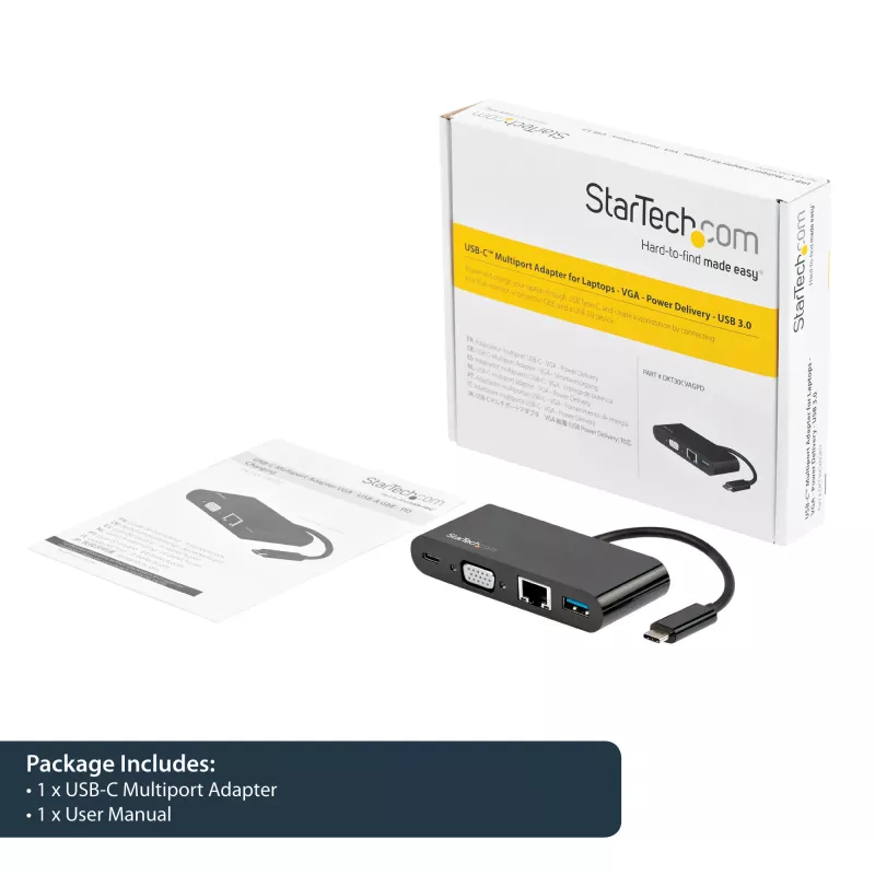 StarTech.com Adaptador multipuerto USB-C – Mini dock USB-C con vídeo VGA 1080p para un monitor – Power Delivery 60 W passthrough – USB 3.1 Gen 1 Type-A 5 Gbit/s, Gigabit Ethernet – Estación de acoplamiento
