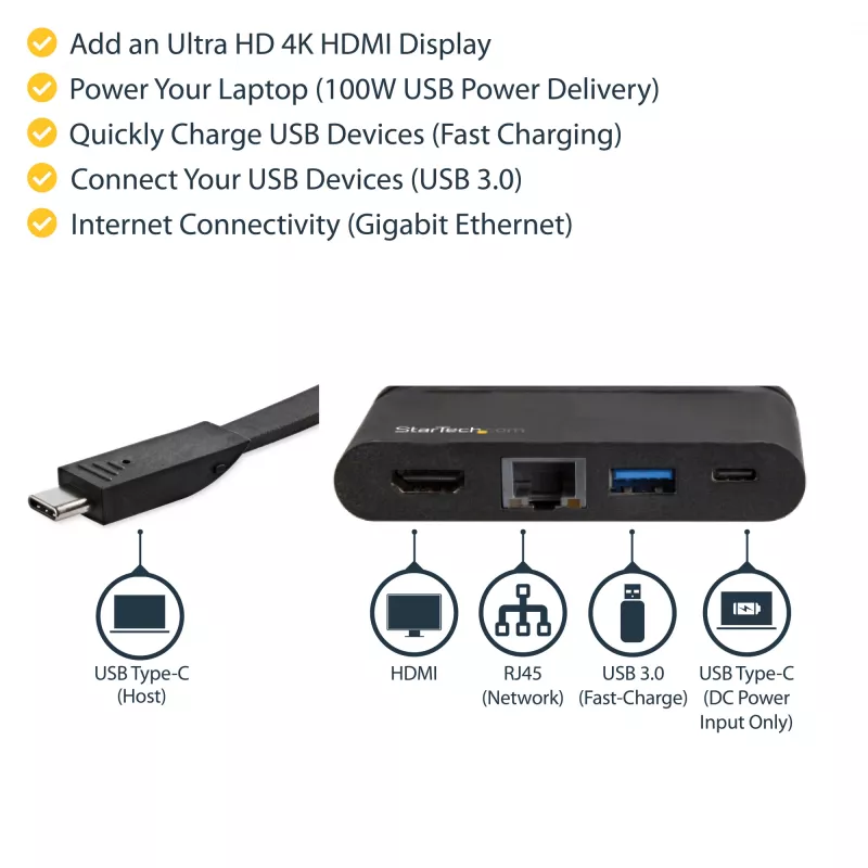 StarTech.com Adaptador multipuerto USB-C - Dock USB-C portátil con HDMI 4K - PD 3.0 100W passthrough, 1x USB-A, 1x USB-C, GbE - Dock de viaje para portátil Thunderbolt 3 y USB Type-C - Mac y Windows
