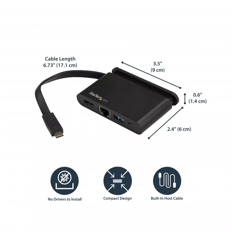 StarTech.com Adaptador multipuerto USB-C - Dock USB-C portátil con HDMI 4K - PD 3.0 100W passthrough, 1x USB-A, 1x USB-C, GbE - Dock de viaje para portátil Thunderbolt 3 y USB Type-C - Mac y Windows