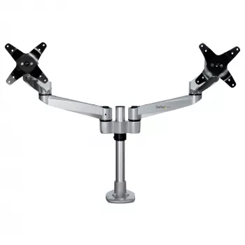 StarTech.com Soporte de mesa para dos monitores - Brazo de monitor articulado premium - Hasta 30 pulgadas para pantallas con montaje VESA - Soporte de monitor ajustable en altura - Giratorio/inclinable/orientable - Abrazadera/pasacables de mesa - Plata