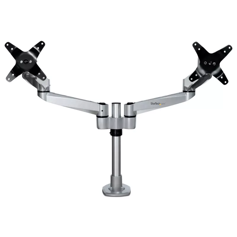 StarTech.com Soporte de mesa para dos monitores - Brazo de monitor articulado premium - Hasta 30 pulgadas para pantallas con montaje VESA - Soporte de monitor ajustable en altura - Giratorio/inclinable/orientable - Abrazadera/pasacables de mesa - Plata