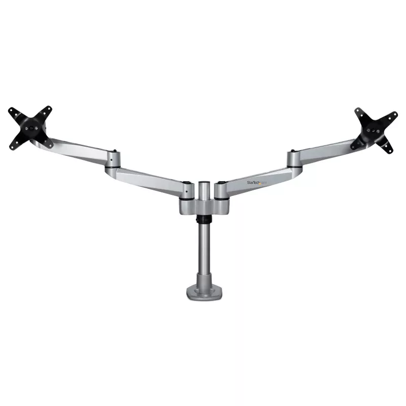 StarTech.com Soporte de mesa para dos monitores - Brazo de monitor articulado premium - Hasta 30 pulgadas para pantallas con montaje VESA - Soporte de monitor ajustable en altura - Giratorio/inclinable/orientable - Abrazadera/pasacables de mesa - Plata