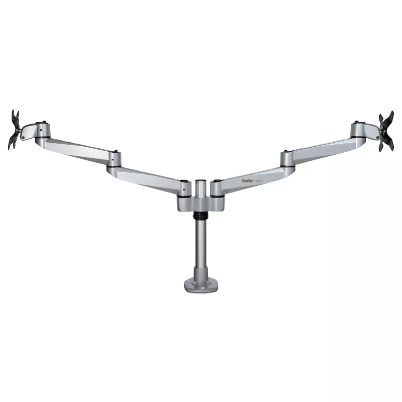 StarTech.com Soporte de mesa para dos monitores - Brazo de monitor articulado premium - Hasta 30 pulgadas para pantallas con montaje VESA - Soporte de monitor ajustable en altura - Giratorio/inclinable/orientable - Abrazadera/pasacables de mesa - Plata
