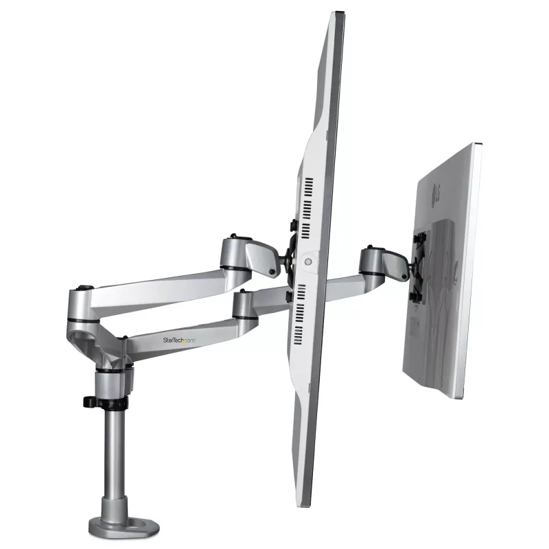 StarTech.com Soporte de mesa para dos monitores - Brazo de monitor articulado premium - Hasta 30 pulgadas para pantallas con montaje VESA - Soporte de monitor ajustable en altura - Giratorio/inclinable/orientable - Abrazadera/pasacables de mesa - Plata