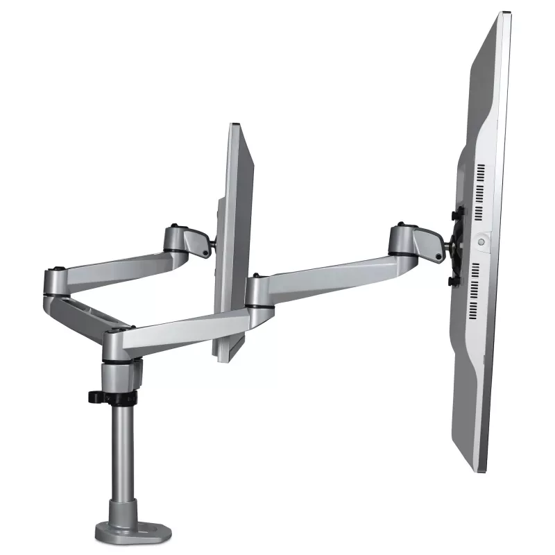 StarTech.com Soporte de mesa para dos monitores - Brazo de monitor articulado premium - Hasta 30 pulgadas para pantallas con montaje VESA - Soporte de monitor ajustable en altura - Giratorio/inclinable/orientable - Abrazadera/pasacables de mesa - Plata
