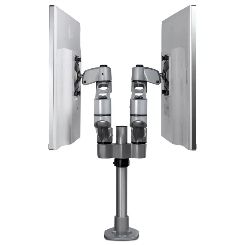 StarTech.com Soporte de mesa para dos monitores - Brazo de monitor articulado premium - Hasta 30 pulgadas para pantallas con montaje VESA - Soporte de monitor ajustable en altura - Giratorio/inclinable/orientable - Abrazadera/pasacables de mesa - Plata