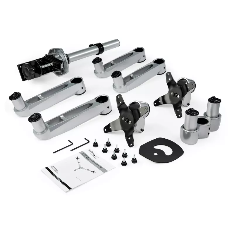 StarTech.com Soporte de mesa para dos monitores - Brazo de monitor articulado premium - Hasta 30 pulgadas para pantallas con montaje VESA - Soporte de monitor ajustable en altura - Giratorio/inclinable/orientable - Abrazadera/pasacables de mesa - Plata