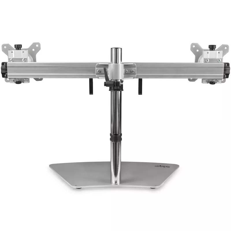 StarTech.com Soporte de doble monitor – Soporte de mesa de doble monitor ergonómico de pie para dos monitores VESA de 24 pulgadas – Ajuste de altura sincronizado – Montaje doble en mástil – Plata