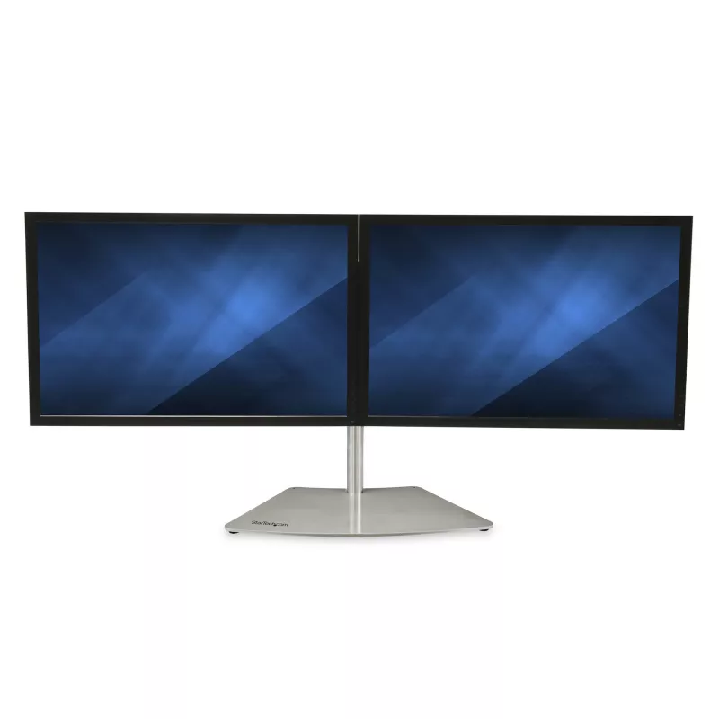 StarTech.com Soporte de doble monitor – Soporte de mesa de doble monitor ergonómico de pie para dos monitores VESA de 24 pulgadas – Ajuste de altura sincronizado – Montaje doble en mástil – Plata