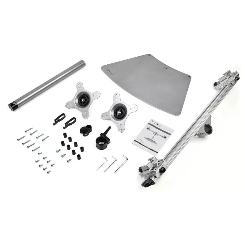 StarTech.com Soporte de doble monitor – Soporte de mesa de doble monitor ergonómico de pie para dos monitores VESA de 24 pulgadas – Ajuste de altura sincronizado – Montaje doble en mástil – Plata