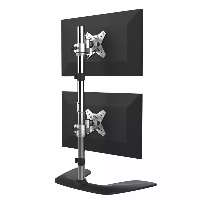 StarTech.com Soporte vertical de doble monitor – Soporte de escritorio ergonómico para dos monitores montados uno encima del otro de hasta 27 pulgadas, soporte VESA – Soporte de monitor universal de pie – Ajustable en altura – Plata