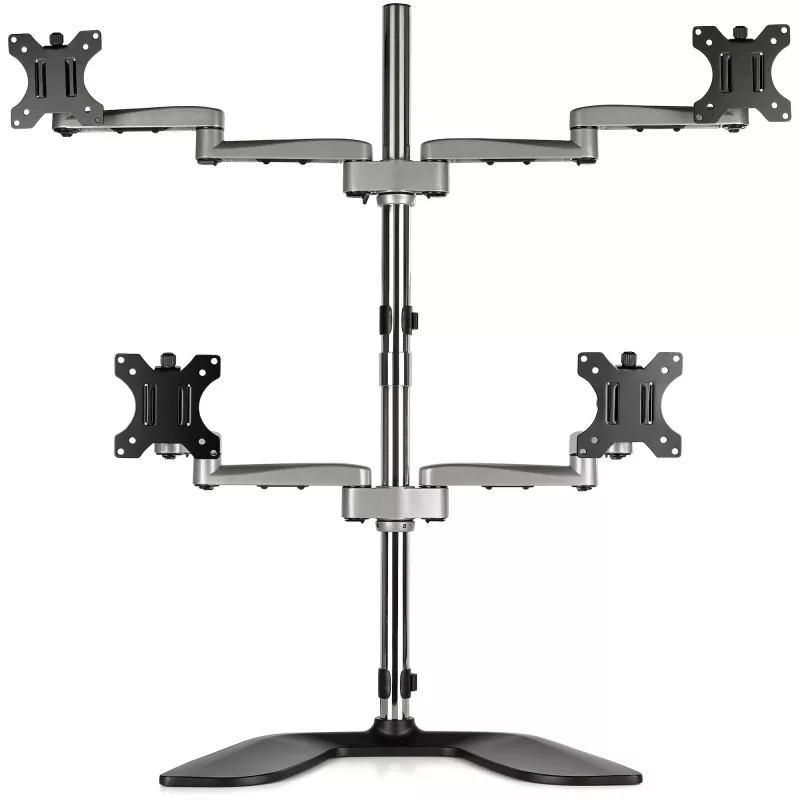 StarTech.com Soporte de escritorio para cuatro monitores - Brazo de monitor VESA 4 ergonómico (2x2) de hasta 32 pulgadas - Soporte de montaje en mástil universal ajustable de pie - Ajustable en altura/inclinable/orientable/giratorio - Plata
