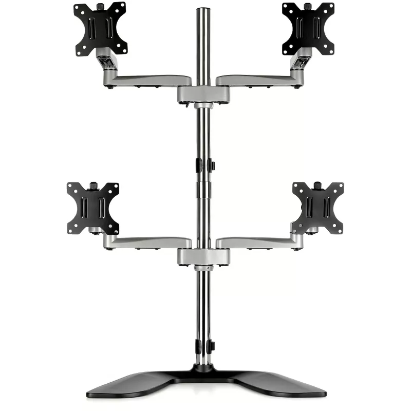 StarTech.com Soporte de escritorio para cuatro monitores - Brazo de monitor VESA 4 ergonómico (2x2) de hasta 32 pulgadas - Soporte de montaje en mástil universal ajustable de pie - Ajustable en altura/inclinable/orientable/giratorio - Plata