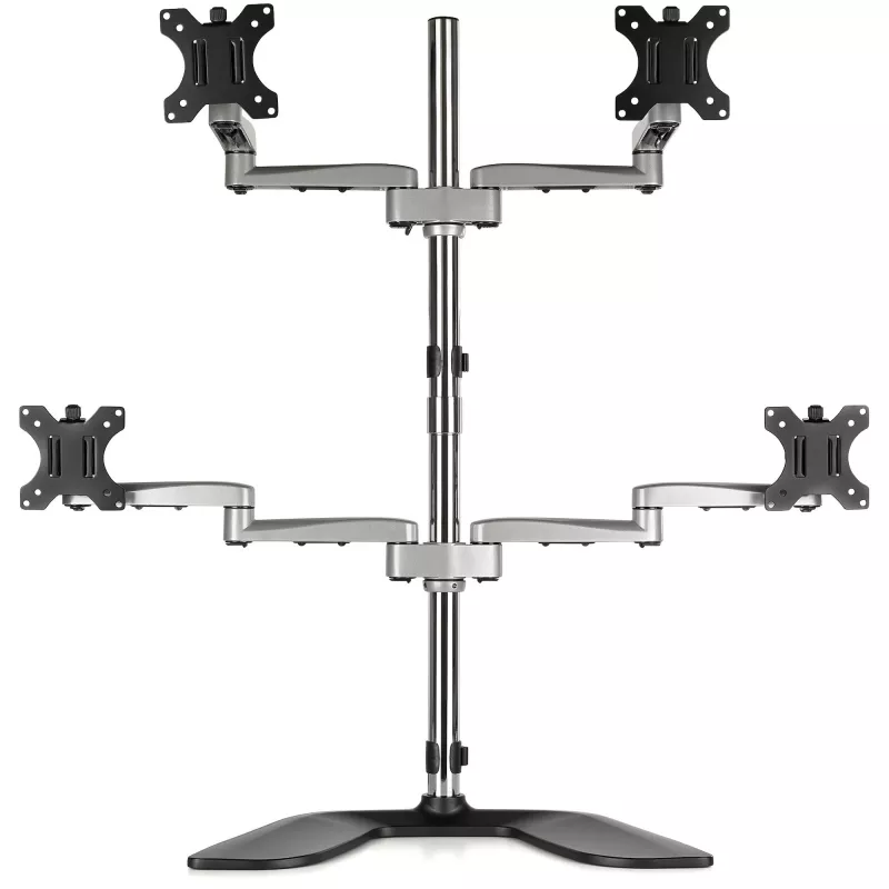 StarTech.com Soporte de escritorio para cuatro monitores - Brazo de monitor VESA 4 ergonómico (2x2) de hasta 32 pulgadas - Soporte de montaje en mástil universal ajustable de pie - Ajustable en altura/inclinable/orientable/giratorio - Plata