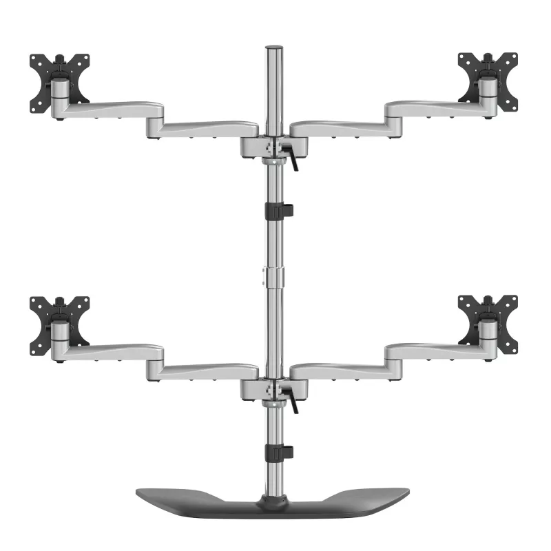 StarTech.com Soporte de escritorio para cuatro monitores - Brazo de monitor VESA 4 ergonómico (2x2) de hasta 32 pulgadas - Soporte de montaje en mástil universal ajustable de pie - Ajustable en altura/inclinable/orientable/giratorio - Plata