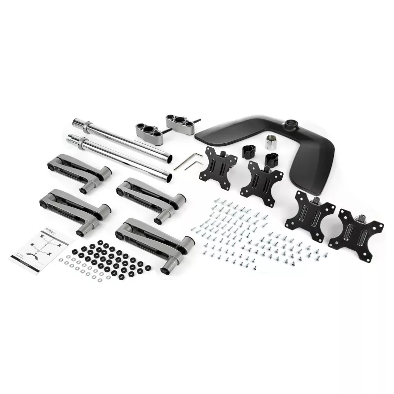 StarTech.com Soporte de escritorio para cuatro monitores - Brazo de monitor VESA 4 ergonómico (2x2) de hasta 32 pulgadas - Soporte de montaje en mástil universal ajustable de pie - Ajustable en altura/inclinable/orientable/giratorio - Plata