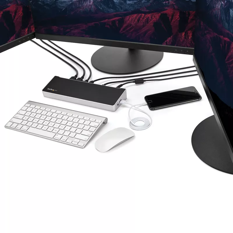 StarTech.com Dock USB-C 4K, Estación de acoplamiento triple monitor UHD 4K, Mac y Windows, USB-C a HDMI y DisplayPort, Power Delivery 100W, hub USB 5Gbit/s de 5x – TAA