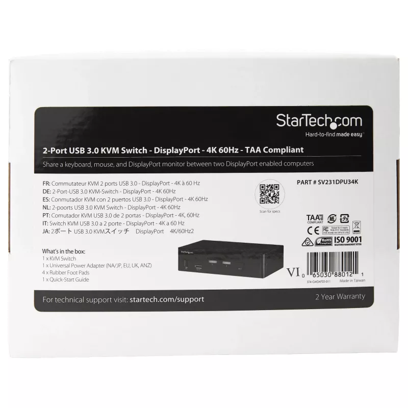 StarTech.com Switch KVM DisplayPort de 2 puertos - 4K 60Hz - Pantalla única - Switch KVM DP 1.2 UHD de dos puertos USB con hub USB 3.0 y audio integrados - Dell HP Apple Lenovo - Conforme TAA