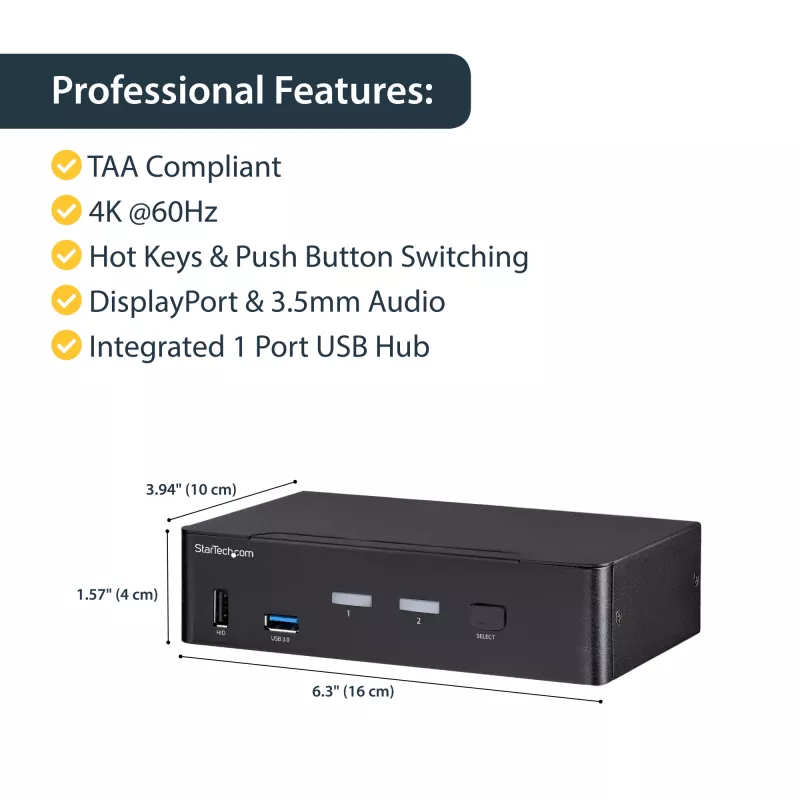 StarTech.com Switch KVM DisplayPort de 2 puertos - 4K 60Hz - Pantalla única - Switch KVM DP 1.2 UHD de dos puertos USB con hub USB 3.0 y audio integrados - Dell HP Apple Lenovo - Conforme TAA