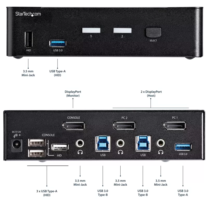 StarTech.com Switch KVM DisplayPort de 2 puertos - 4K 60Hz - Pantalla única - Switch KVM DP 1.2 UHD de dos puertos USB con hub USB 3.0 y audio integrados - Dell HP Apple Lenovo - Conforme TAA