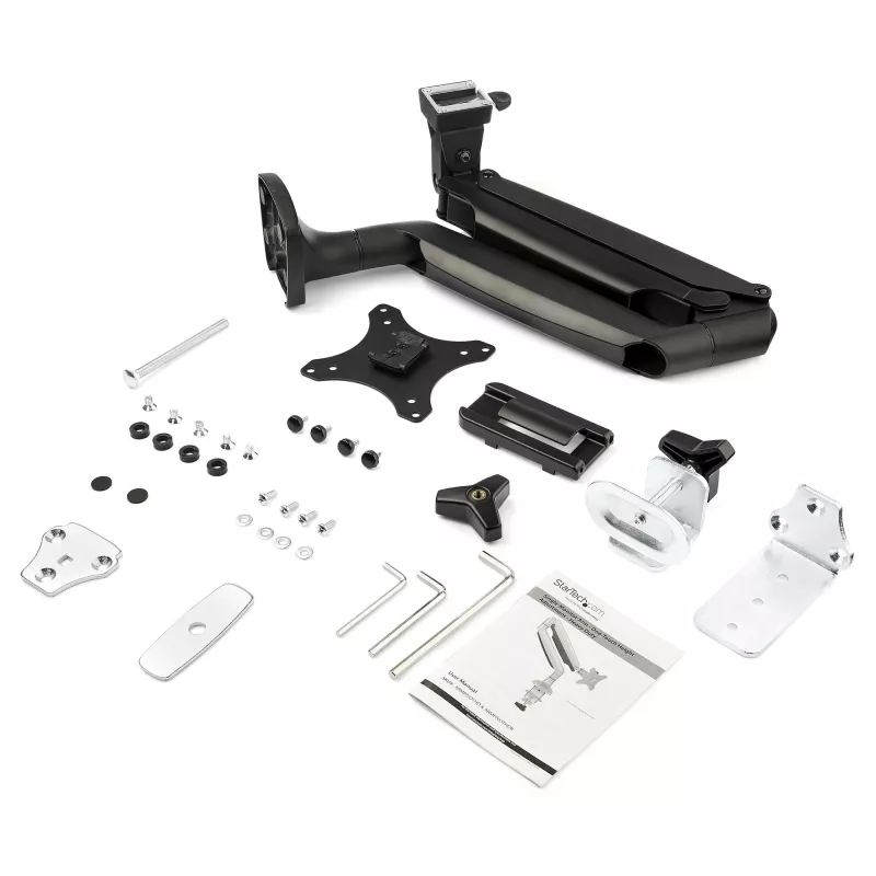 StarTech.com Brazo de monitor de mesa – Brazo de monitor VESA ergonómico resistente – Pantalla individual de 9 kg – Totalmente articulado, ajustable en altura, articulado – Aluminio – Abrazadera en C/pasacables – Negro