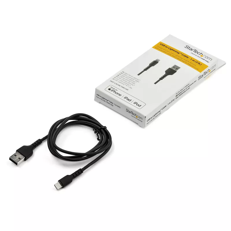 StarTech.com Cable USB-A a Lightning negro resistente de 0,91 m (3 pies) – Cable de carga/sincronización USB Type-A a Lightning resistente de fibra aramida duradero – Certificado Apple MFi para iPad/iPhone 12