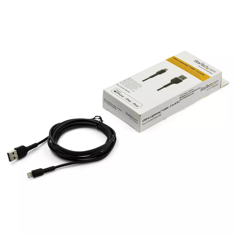 StarTech.com Cable USB-A a Lightning negro resistente de 6 pies (2 m) – Cable de carga/sincronización USB Type-A a Lightning resistente de fibra aramida de alta resistencia – Certificado Apple MFi para iPad/iPhone 12