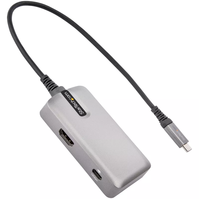 StarTech.com Adaptador multipuerto USB-C – USB-C a HDMI 2.0 4K 60Hz, Power Delivery 100 W passthrough – Hub USB de 3 puertos 10 Gbit/s – Mini dock USB Type-C portátil – Cable de 25 cm