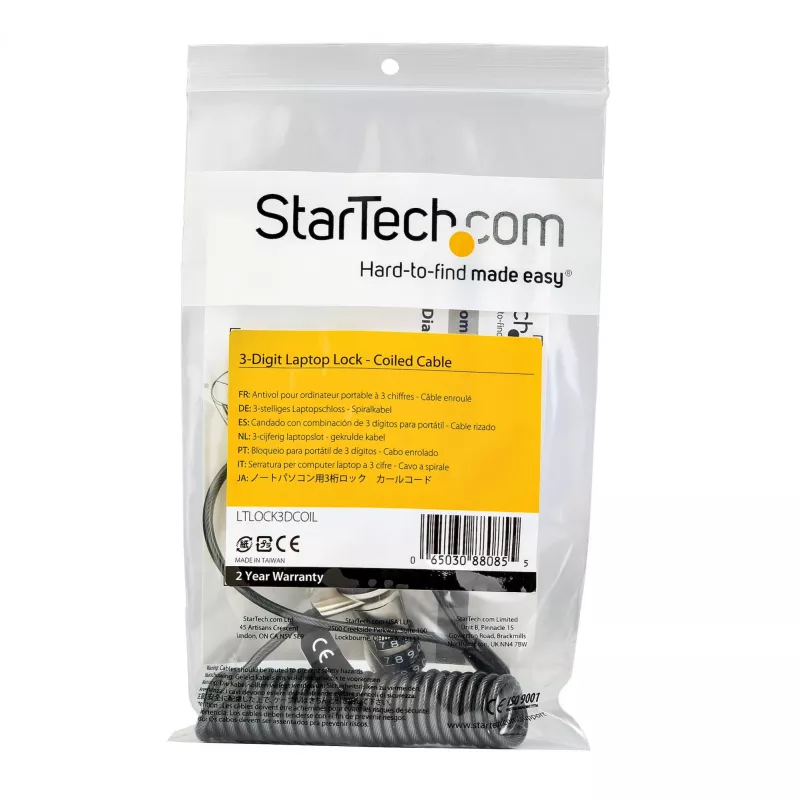StarTech.com Cable de seguridad enrollable para portátil de 1,8m – Cable de seguridad con combinación de 3 dígitos portátil para portátil/ordenador/sobremesa/dispositivo con ranura K – Cable de acero enrollable antirrobo