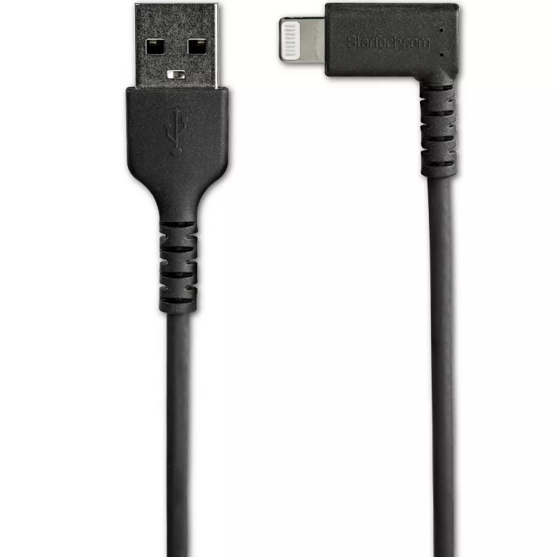 StarTech.com Cable USB-A a Lightning resistente de 1 m – Negro, acodado 90°, duradero, reforzado con fibra aramida, cable de carga/sincronización USB Type-A a Lightning – Certificado Apple MFi – iPhone