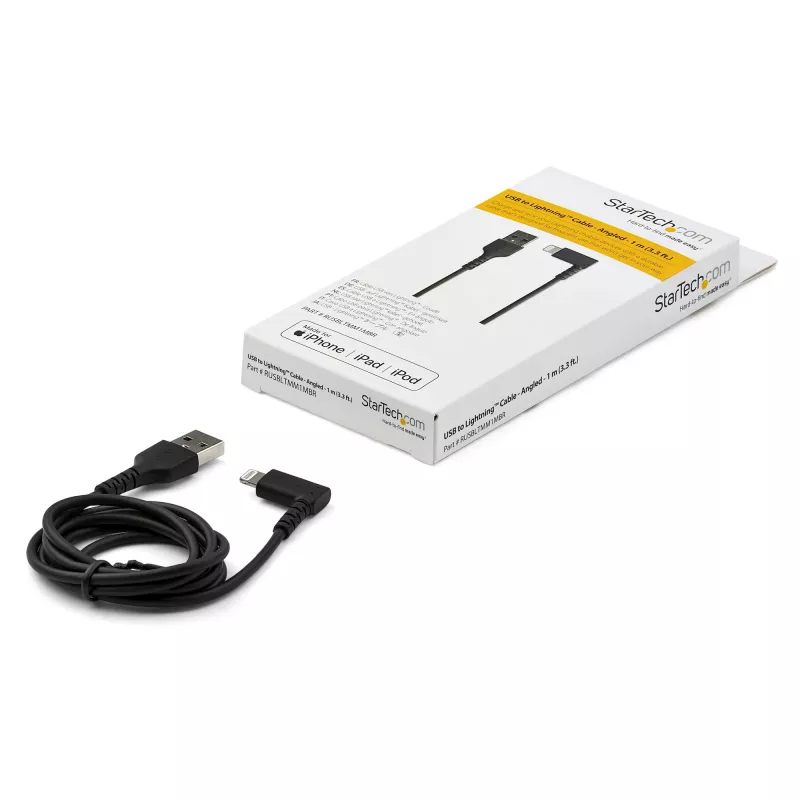 StarTech.com Cable USB-A a Lightning resistente de 1 m – Negro, acodado 90°, duradero, reforzado con fibra aramida, cable de carga/sincronización USB Type-A a Lightning – Certificado Apple MFi – iPhone