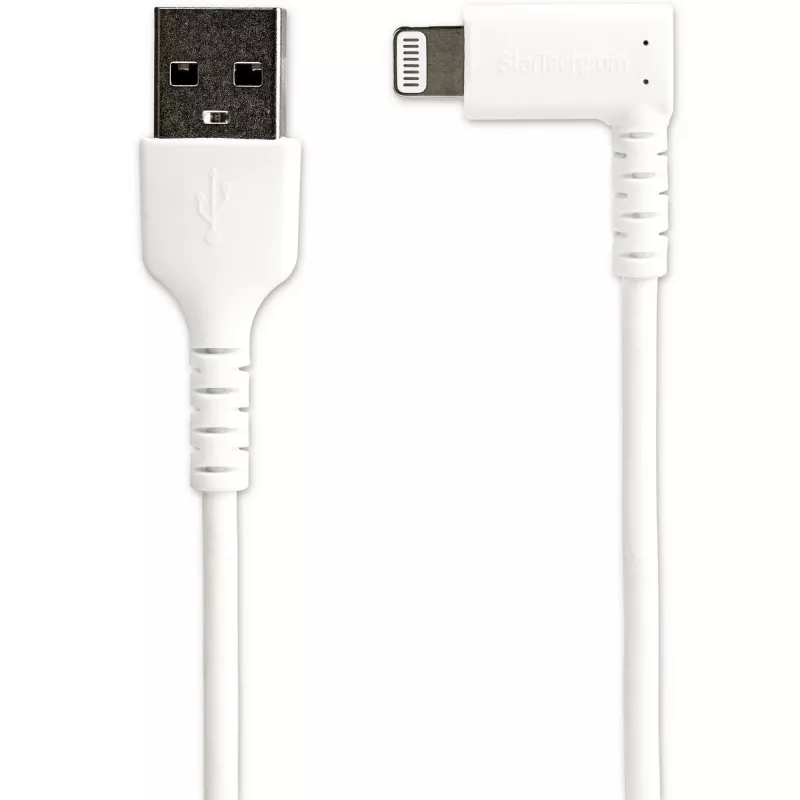 StarTech.com Cable USB-A a Lightning resistente de 1 m – Blanco acodado 90° duradero fibra aramida cable de carga/sincronización USB Type-A a Lightning – Certificado Apple MFi – iPhone