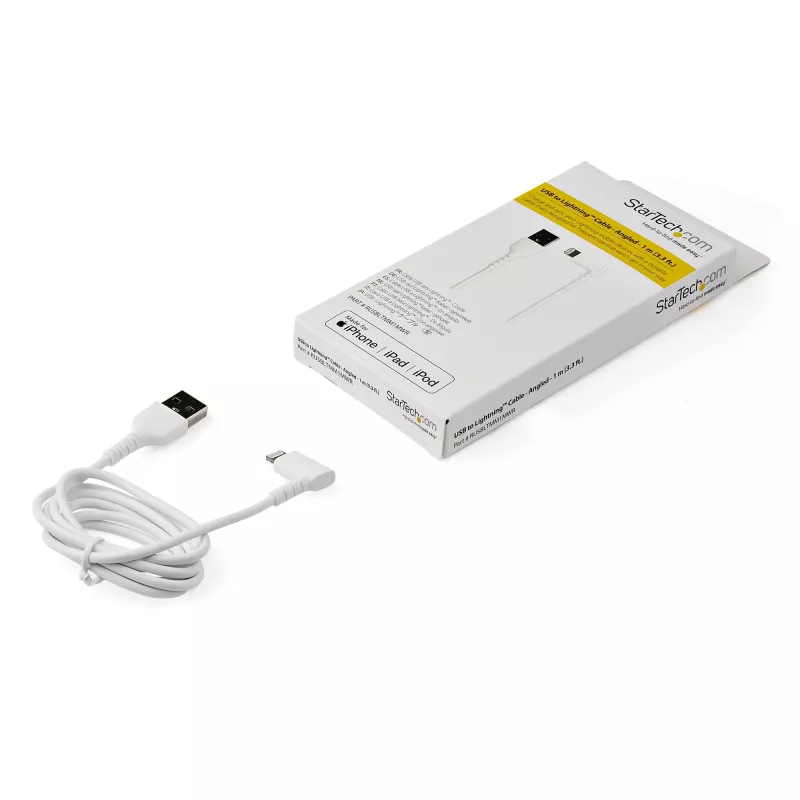 StarTech.com Cable USB-A a Lightning resistente de 1 m – Blanco acodado 90° duradero fibra aramida cable de carga/sincronización USB Type-A a Lightning – Certificado Apple MFi – iPhone